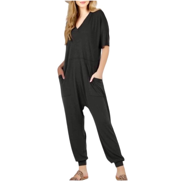 CHICBOMB Pants - WOMEN'S COMFY V NECK SHORT SLEEVE JUMPSUIT - BLACK